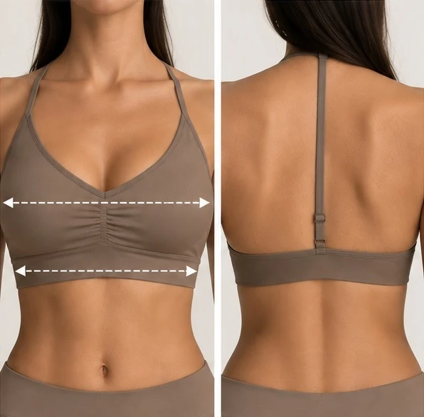 Model with marked measurement points for the sports bra.